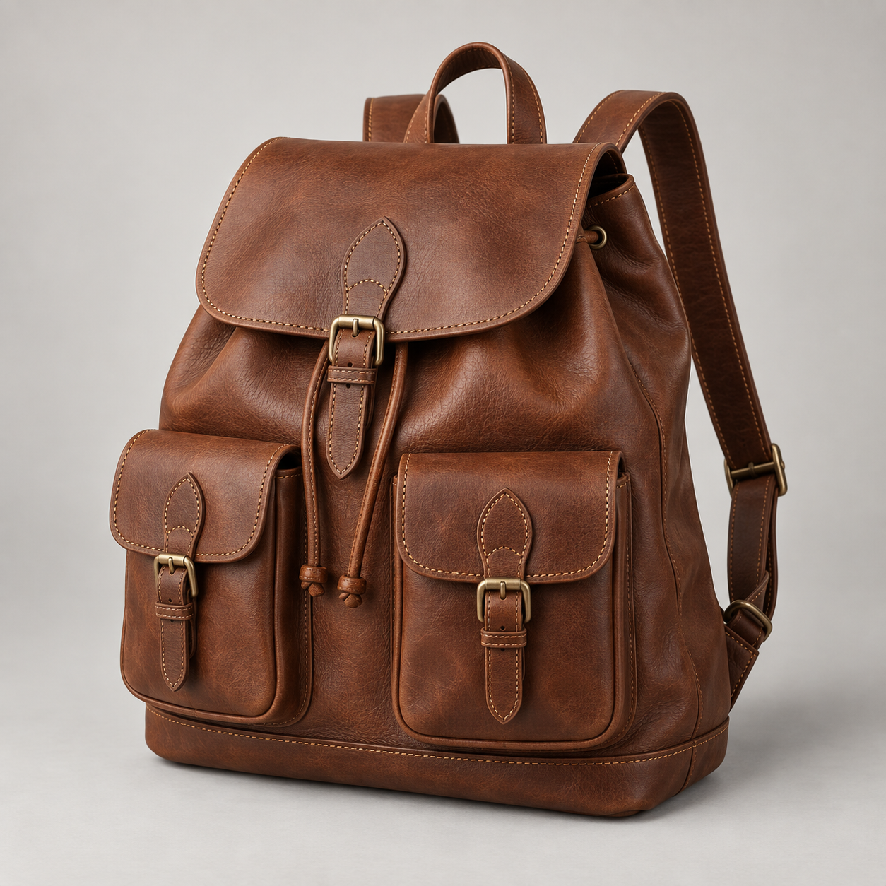 Chestnut Rucksack: Traditional flap-top rucksack with a drawstring opening and two front buckle pockets. Illustrative design reference.