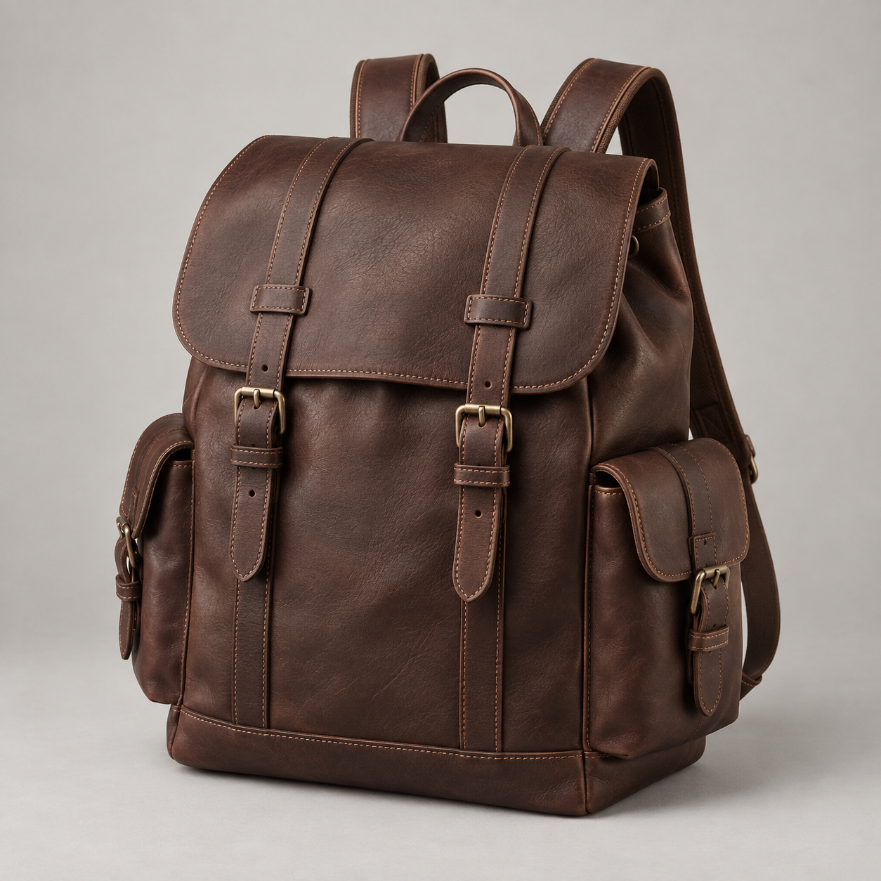Espresso Explorer: Broad flap-top backpack with twin buckle straps and small side pockets. Illustrative design reference.