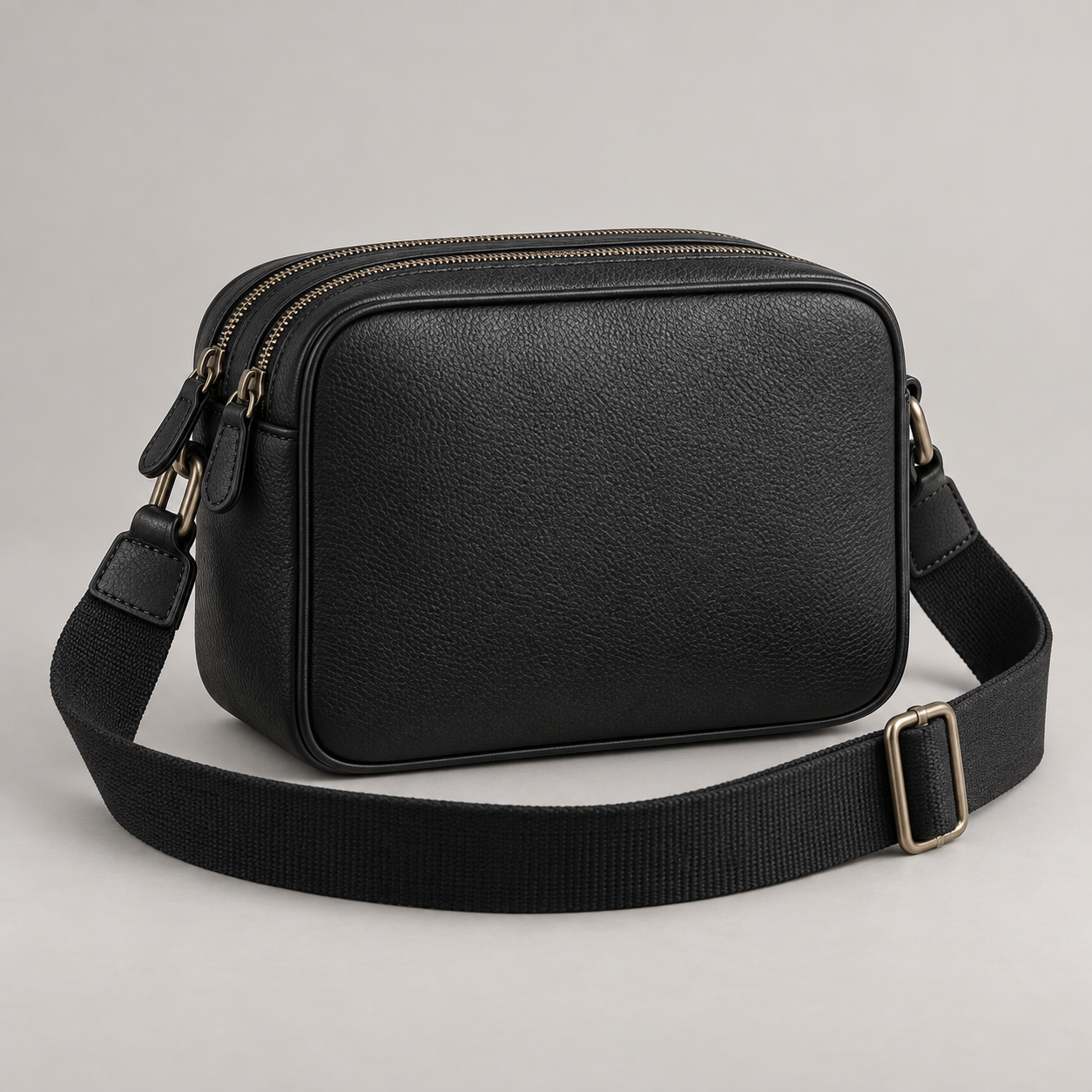 Noir Camera Bag: Compact rectangular camera-bag silhouette with a double zip top and a wide strap. Illustrative design reference.