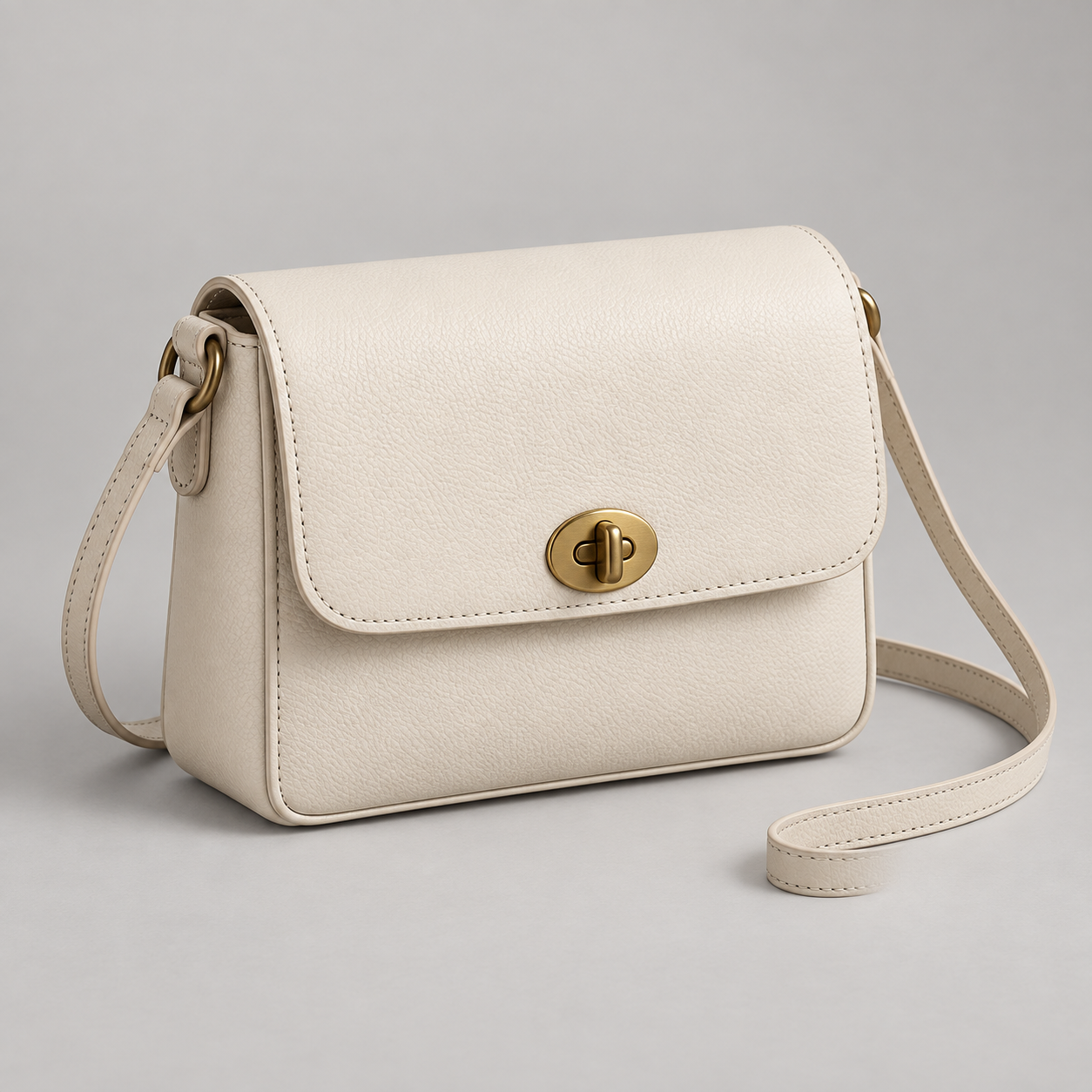 Ivory Flap: Small rectangular flap bag with a narrow shoulder strap and a brass-tone turn clasp. Illustrative design reference.