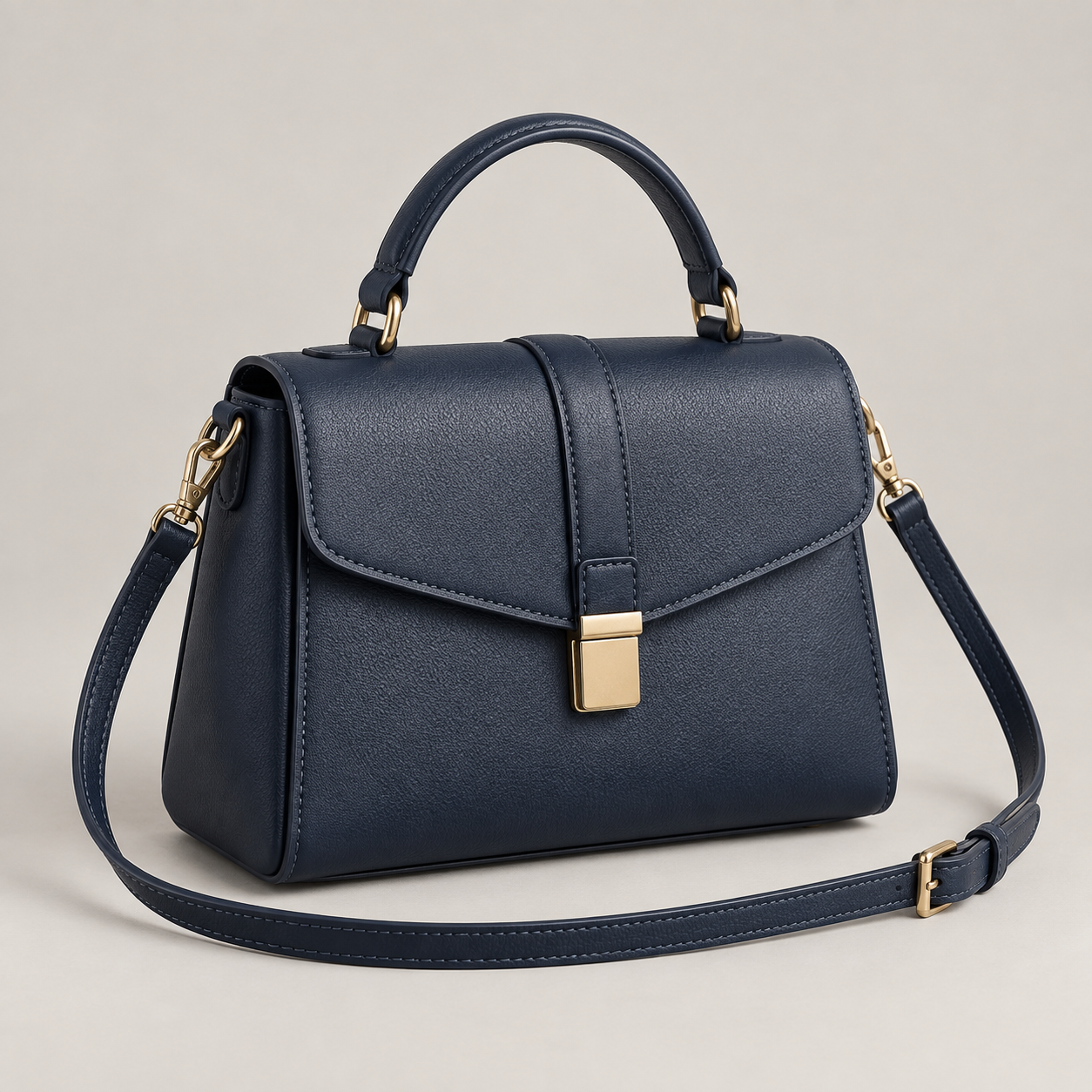 Navy Satchel: Small structured satchel with a top handle, front flap and a narrow long strap. Illustrative design reference.