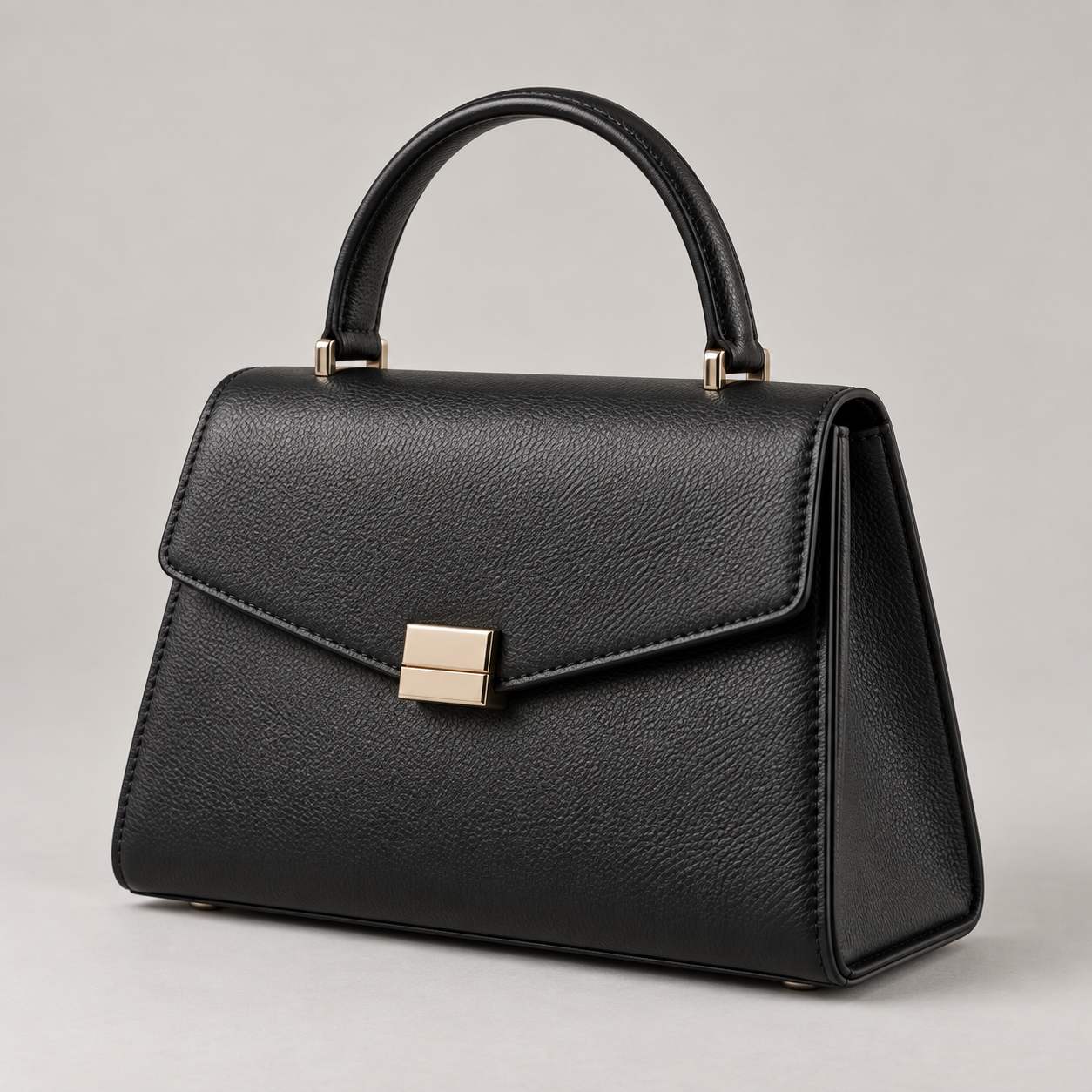 Noir Top Handle: Compact architectural top-handle bag with a folded flap and a small rectangular clasp. Illustrative design reference.