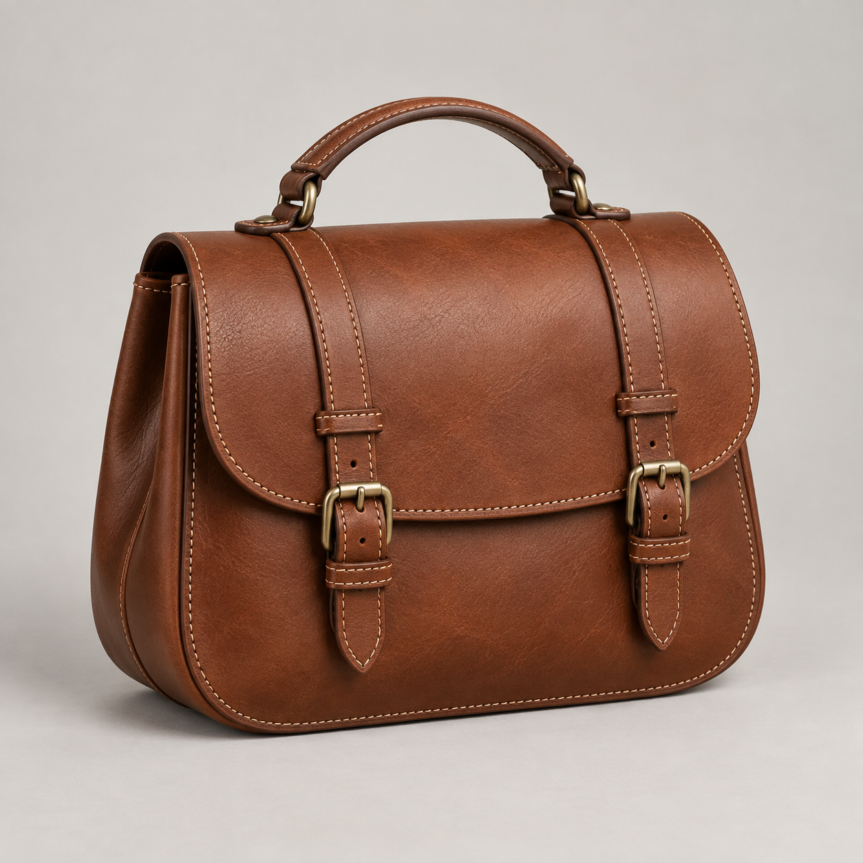 Chestnut Satchel: Classic rounded satchel with a front flap, twin buckle straps and a top handle. Illustrative design reference.