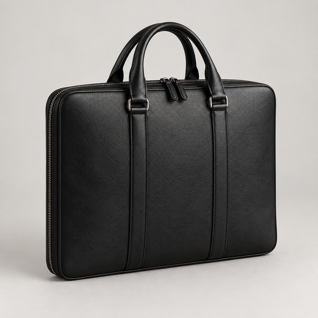 Noir Portfolio: Slim rectangular portfolio case with a wraparound zip and discreet carry handles. Illustrative design reference.