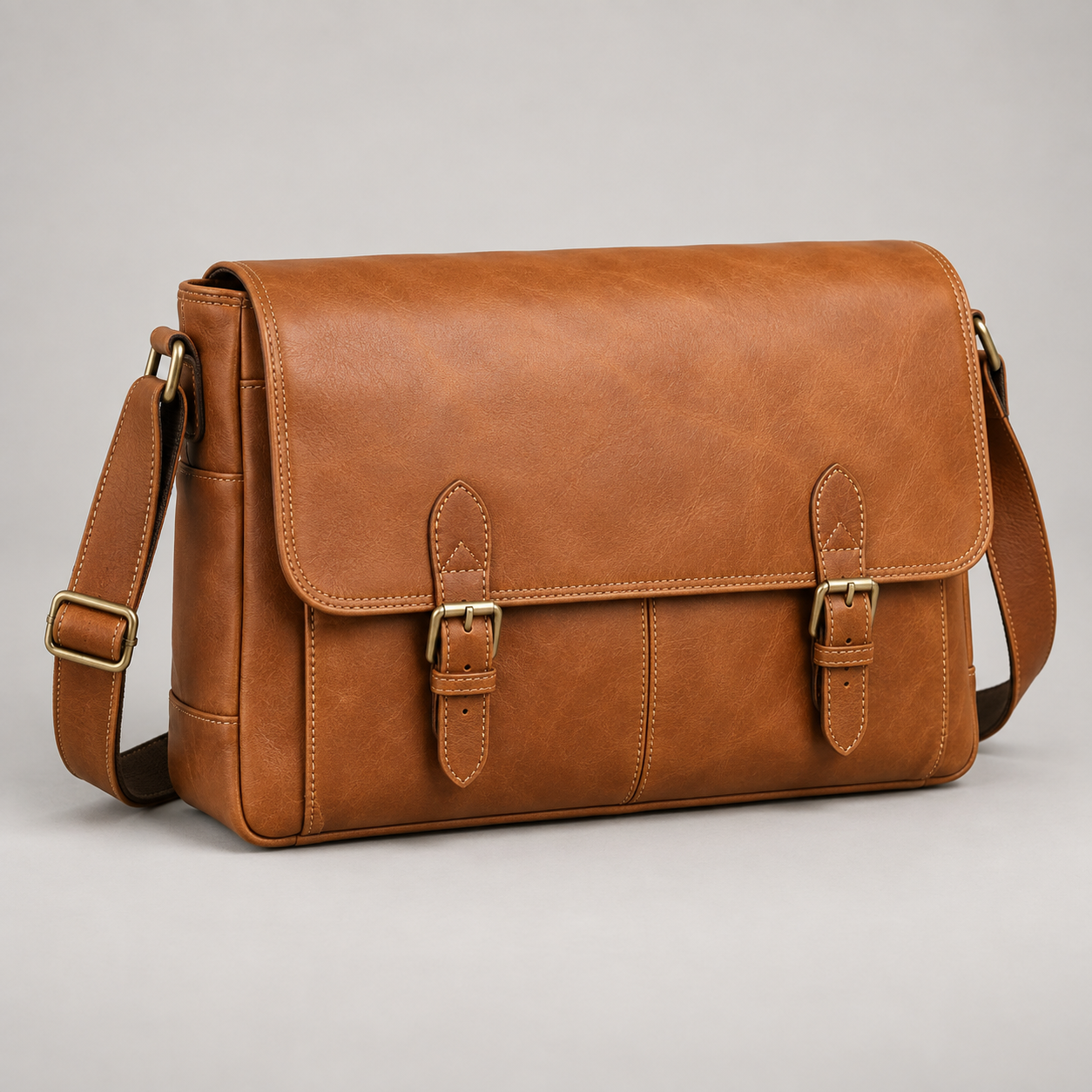 Tan Messenger: Horizontal messenger silhouette with a broad front flap and two small buckle straps. Illustrative design reference.