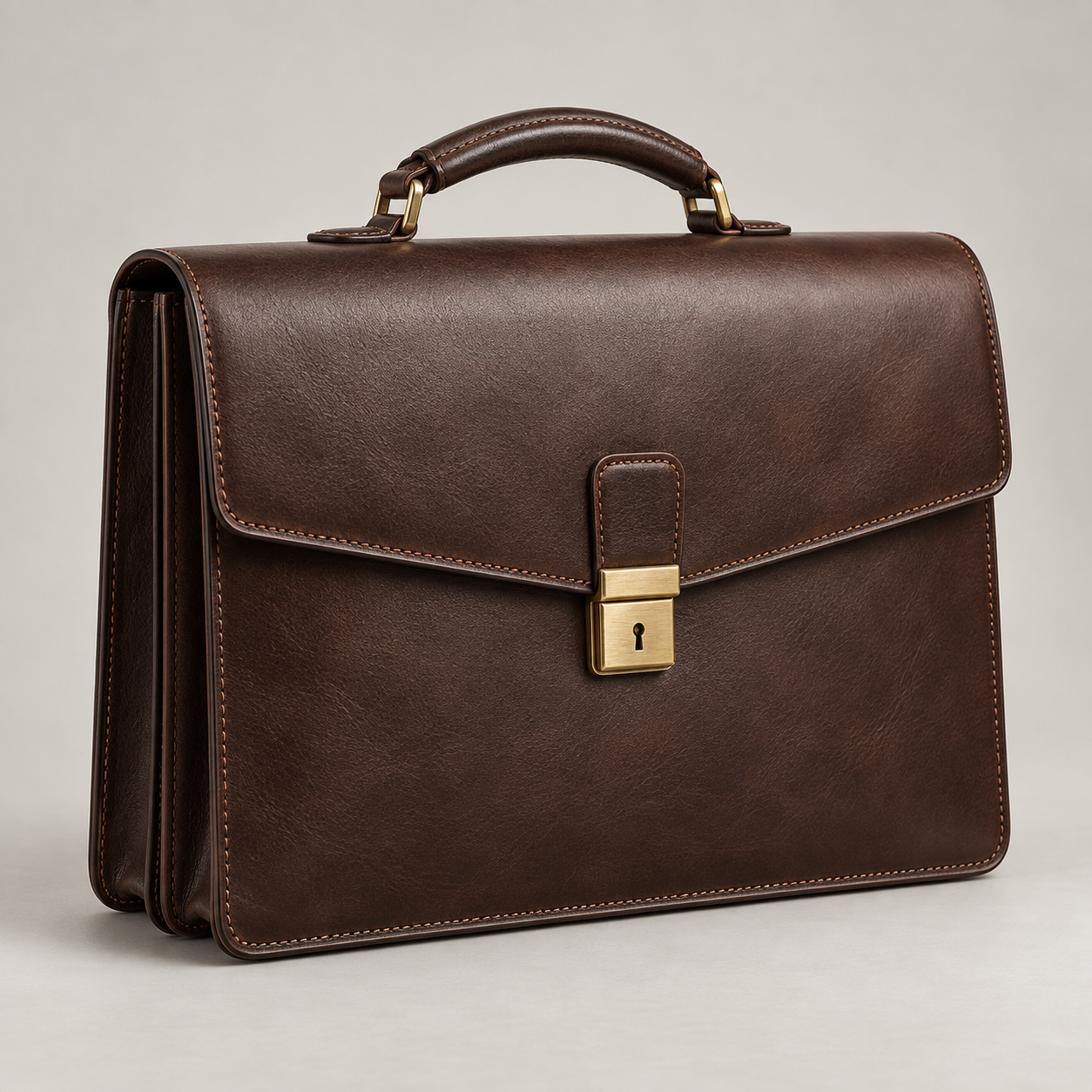 Espresso Briefcase: Traditional gusseted briefcase with a single top handle and a central brass-tone lock. Illustrative design reference.