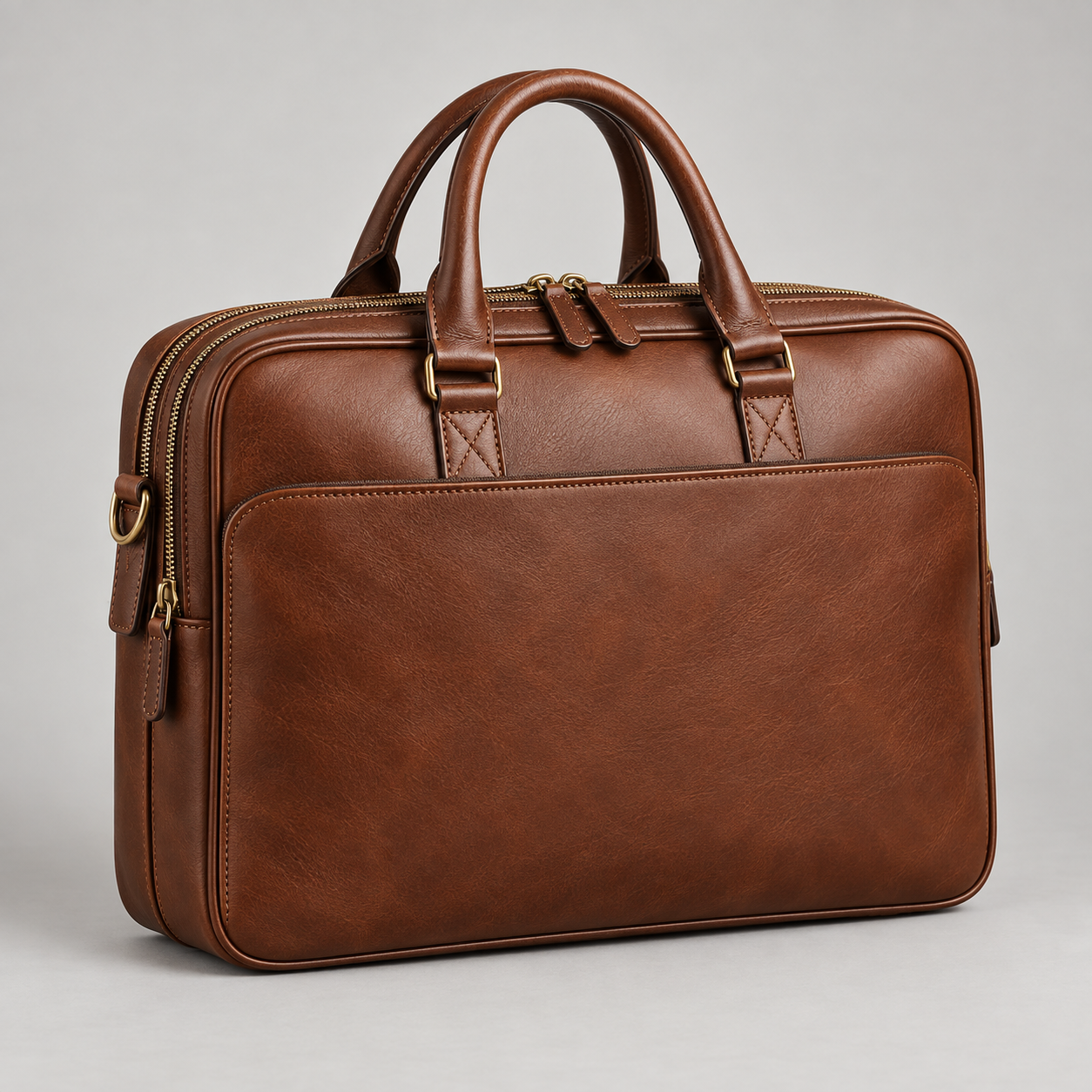 Chestnut Business Bag: Rounded double-compartment work-bag silhouette with twin handles and brushed brass-tone zips. Illustrative design reference.