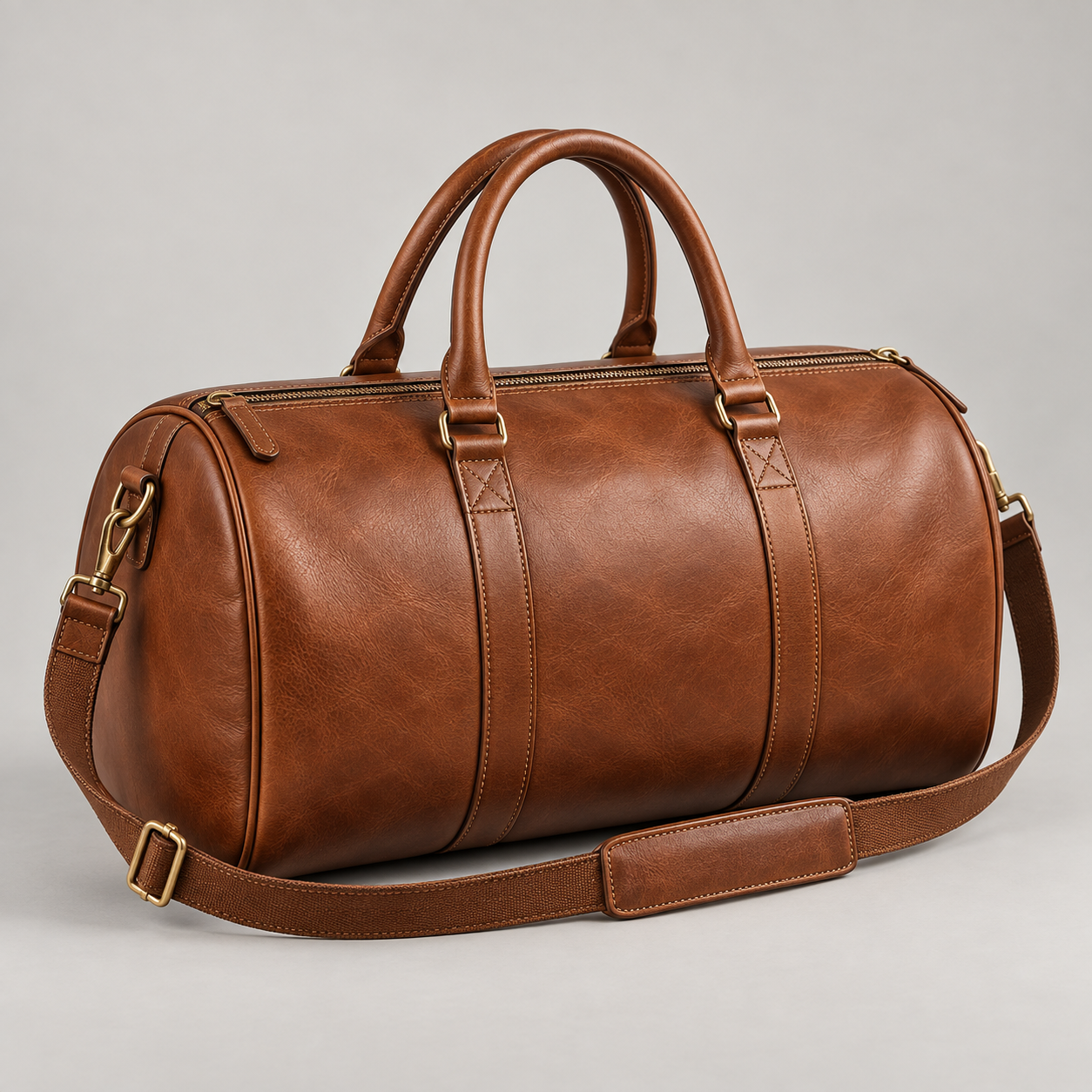 Cognac Weekender: Classic cylindrical weekender with rounded handles, a long top zip and a shoulder strap. Illustrative design reference.