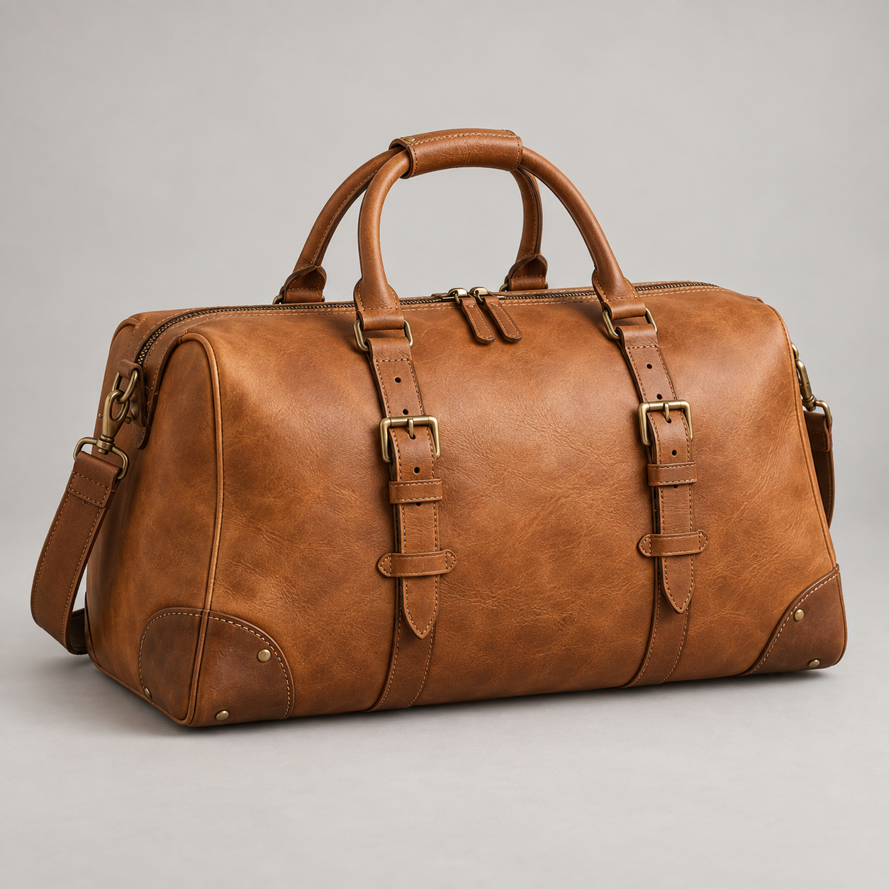 Tan Explorer: Vintage-inspired travel bag with exterior buckle straps and reinforced-looking corners. Illustrative design reference.