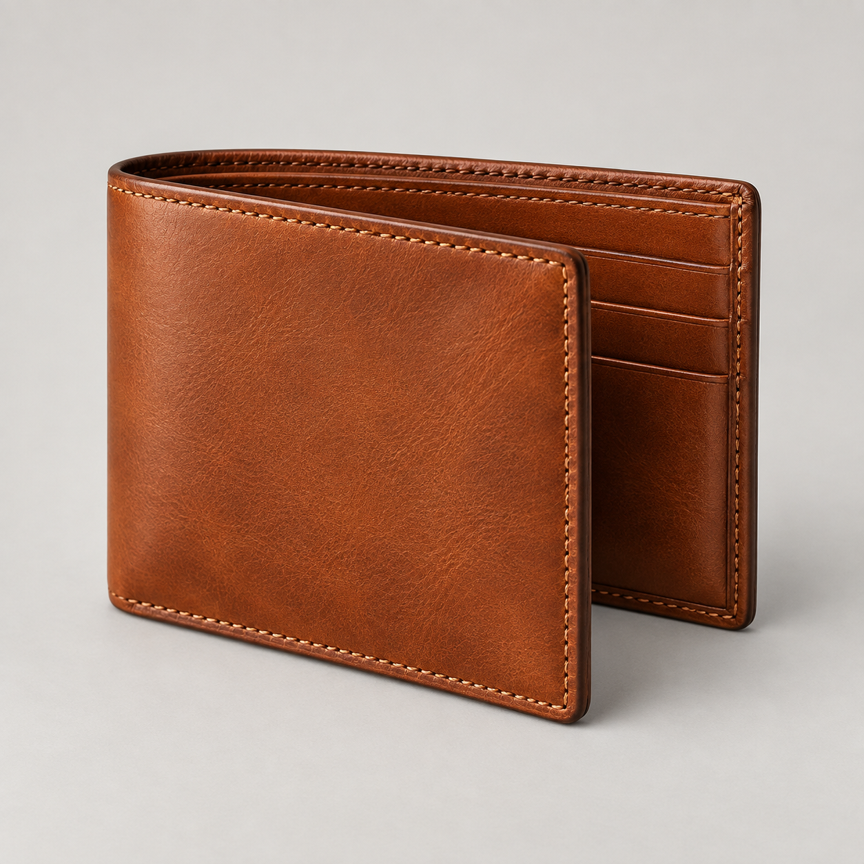 Cognac Bifold: Classic bifold wallet shown partly open with visible card-slot panels and neat edge stitching. Illustrative design reference.