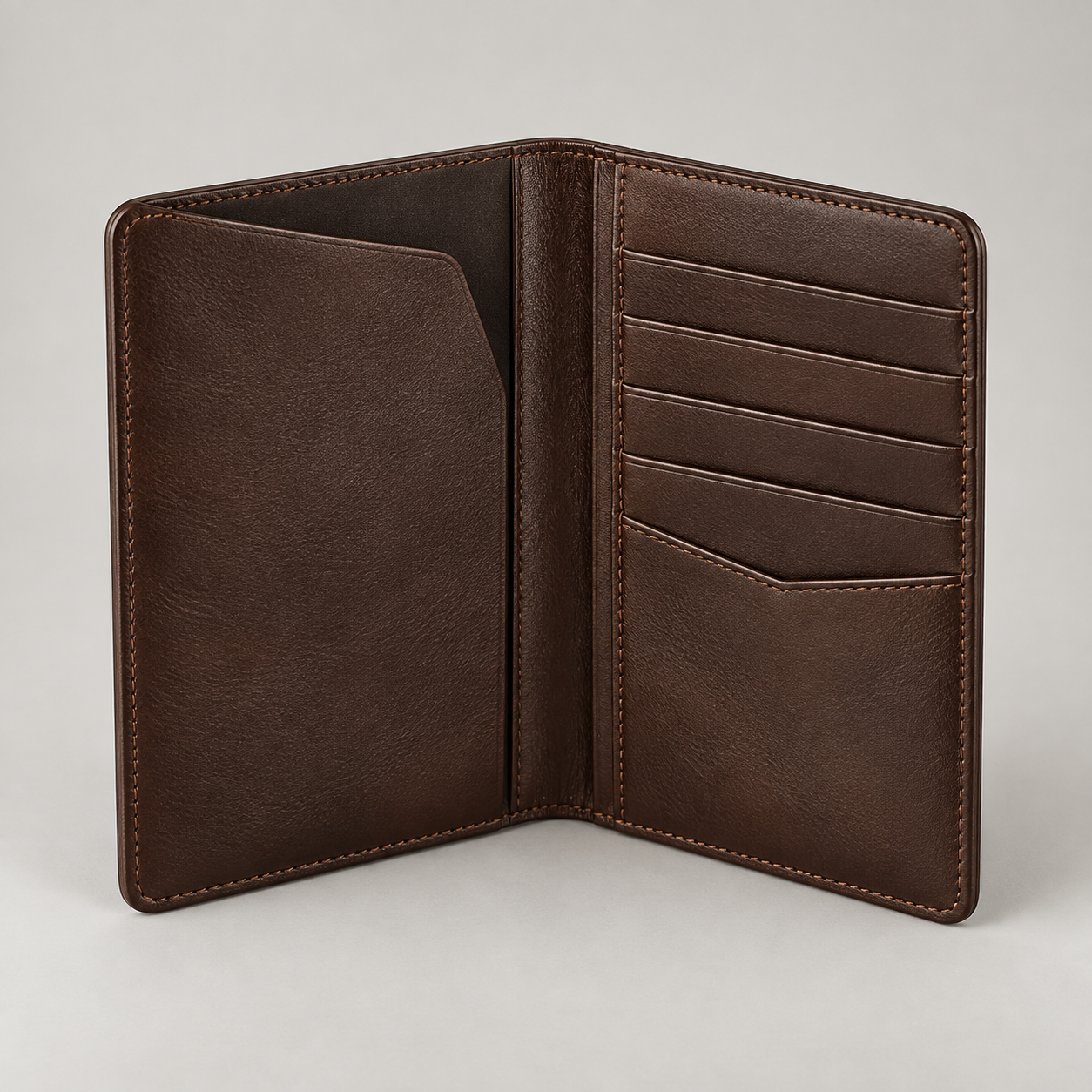 Espresso Travel Wallet: Tall passport-style wallet shown open with a document sleeve and card-slot panel. Illustrative design reference.