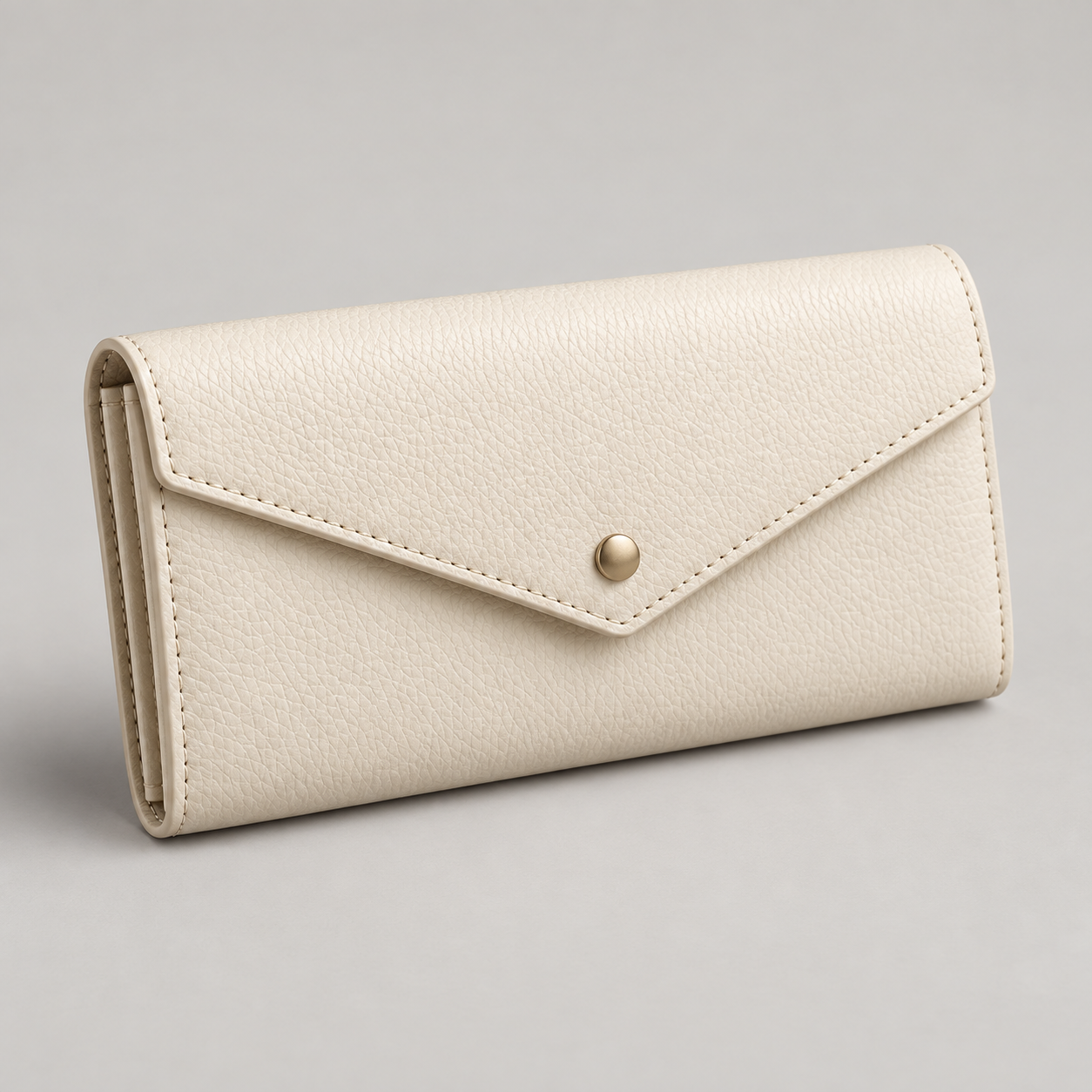 Ivory Envelope: Envelope-style long wallet with a pointed flap and a small brass-tone snap. Illustrative design reference.